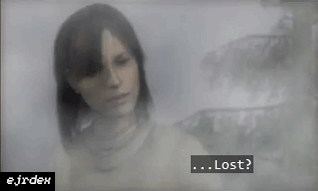 gif of Angela Orosco from Silent Hill 2 in a foggy cemetary asking/reiterating ...Lost? when James says he's trying to reach Silent Hill and he is a bit lost. watermark in the corner