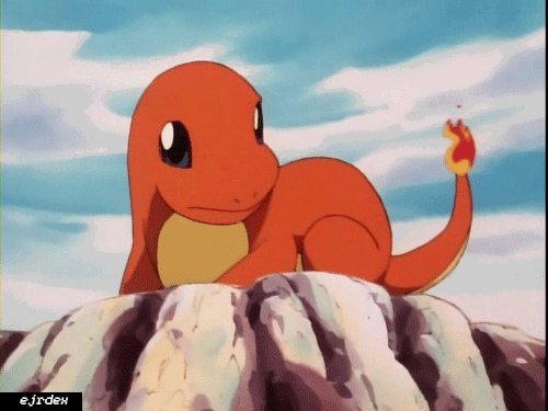 gif of (a) Charmander resting on a rock, its tail fire flickering lowly