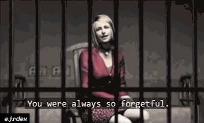 gif of Maria from Silent Hill 2 sitting on a chair placed inside a jail cell saying you were always so forgetfulr