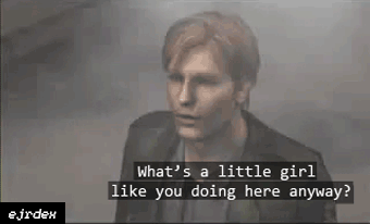 gif of James Sunderland from Silent Hill 2 saying to Laura off-screen whats a little girl like you doing here anyway watermark in the corner