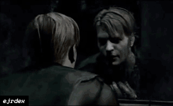 gif of James Sunderland looking into a dirty bathroom mirror 'casting a spell over his nose' or so i've read. presumably he's preparing himself to enter Silent Hill, but still. nose. plus watermark in corner