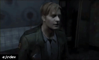 gif of James Sunderland from Silent Hill 2 standing up straight after leaning over looking at himself in a mirror. my watermark appears in the corner