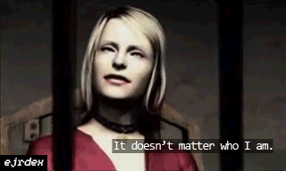 gif of Maria from Silent Hill 2 standing up inside of a jail cell saying it doesnt matter who i am. watermark in the corner