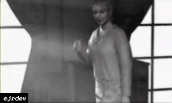 gif of Mary Sunderland from Silent Hill 2, shes being recorded on video-tape and playfully indicates to James that she wants him to stop filming. watermark in the corner