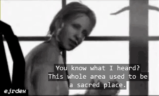 gif of Mary Sunderland from Silent Hill 2 being recorded by James on their special trip to Silent Hill. Mary says you know what i heard that this whole place used to be a sacred place, watermark in the corner