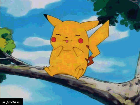 gif of Pikachu perched on a tree branch laughing uproariously
