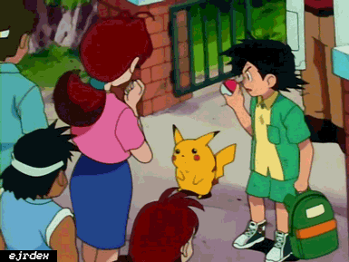 gif of Ash Ketchum and Pikachu from the first Pokémon episode. Ash is trying to put Pikachu in their poké-ball but Pikachu keeps knocking and headbutting it away