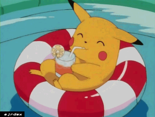 gif of Pikachu relaxing in a swimming pool happily rocking back and forth in an inflatable red and white-striped pool ring, drinking a fancy drink from Kanto