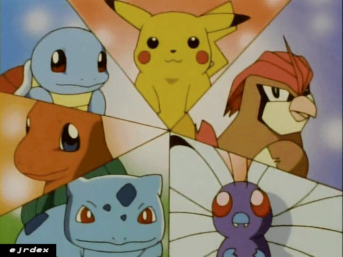 gif of 6 pokémon nodding, Pikachu, Squirtle, Charmander, Bulbasaur, Butterfree, and Pidgeotto