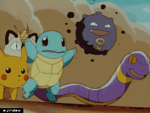 gif from first Pokémon season; it shows Ekans, Koffing, Meowth, Squirtle, Pikachu, Charmander, and Bulbasaur running with a big cloud of dust/dirt trailing behind